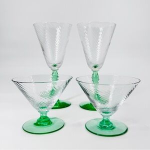 VTG Tiffin Franciscan 4 Pc. Hand Blown Optic Swirl Uranium Glass Stemware